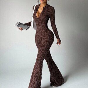 Coffee Brown Sexy Women's Seamless Leopard Flared Jumpsuit